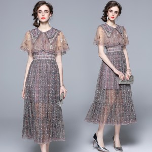 2024 new summer heavy industry embroidery mesh ruffle edge slimming dress with doll collar, retro stunning long skirt for women