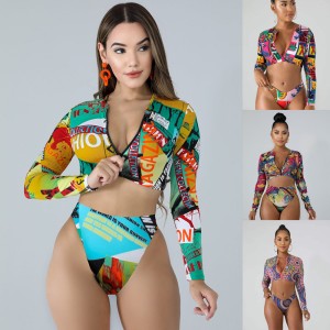 2024 New Long Sleeve Zipper Bikini High Waist Women's Split Swimsuit Conservative Sunscreen Beach Swimsuit Wholesale