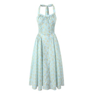 2024 summer new French style Hepburn style V-neck hanging neck floral sleeveless dress with cinched waist and slimming effect, large swing long skirt