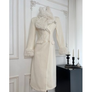 White fur collar double-sided woolen waist cinched coat for women in autumn and winter, thickened and high-end temperament, medium to long woolen coat