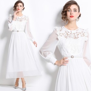 Real shooting spot 2024 new water-soluble lace splicing large swing chiffon dress dress with belt