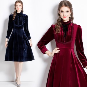 Real shot spot standing collar commuting long sleeved gold velvet dress, slimming mid length dress, dress