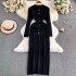 2024 autumn socialite temperament slim fit slimming long sleeved round neck high waist single breasted contrasting color wrapped hip knit dress