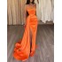 Cross border split evening gown with orange V-neck strapless design, popular on foreign trade websites such as Amazon and AliExpress