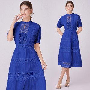 Spot Photo - French Fashion Retro Dress with Lace and Lace Splicing, V-neck Design, Short sleeved Dress