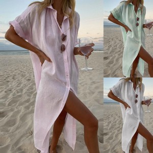 FD874 spot cross-border European and American women's clothing ins style solid color casual long sleeved cotton and linen shirt dress