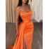 Cross border split evening gown with orange V-neck strapless design, popular on foreign trade websites such as Amazon and AliExpress