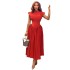 Spot cross-border European and American women's clothing 2024 summer new style temperament round neck waist high waist fishbone A-line skirt dress