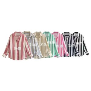 Cross border foreign trade wholesale 2023 spring European and American style printed striped silk satin texture vertical shirt for women