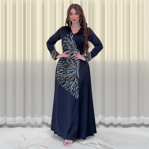 XQY500177 Cross border Middle East Fashion Diamond Inlaid Abaya Satin Evening Dress Dubai Arab Open Robe