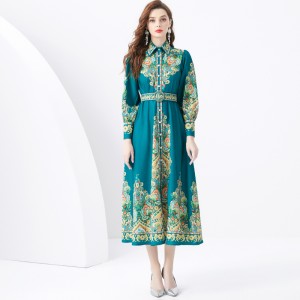 2024 Vacation - Palace style Flip collar Single placket Lantern Sleeve Long Retro Printed Dress