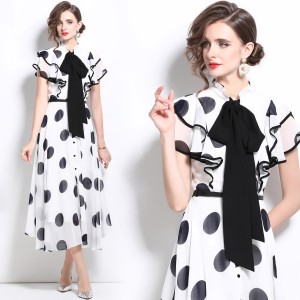 Real time spot French high-end banquet dress with ruffled edges and polka dots, chiffon long skirt, socialite temperament dress