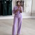 European and American Cross border Women's Clothing 2024 Summer New Fashion Solid Color Collar Suit Top Wide Leg Pants Casual Set