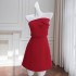 Spring and Autumn new style socialite slim fit camisole strapless high waist slimming red bow cinched waist dress for women 68838