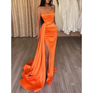 Cross border split evening gown with orange V-neck strapless design, popular on foreign trade websites such as Amazon and AliExpress