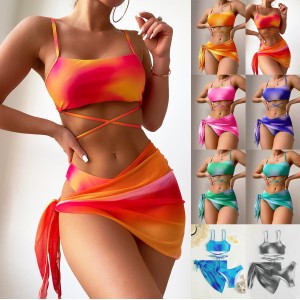 2024 European and American cross-border tie dye bikini swimsuit women's three piece set mesh skirt split bikini Amazon swimsuit