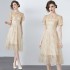 New 2024 High end Heavy Industry Embroidered Gold Powder Mesh Hollow Bead Ribbon Dress