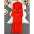 2024 autumn socialite temperament slim fit slimming long sleeved round neck high waist single breasted contrasting color wrapped hip knit dress