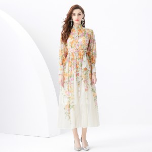 2024 Vacation - Countryside style stand up collar lantern sleeves wave side length retro printed dress two-piece set