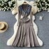 French retro small fragrant style dress for female niche, contrasting color, lapel, letter embroidery, waist cinching, single breasted knitted long skirt