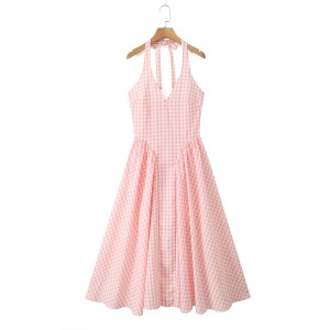 2024 autumn new French retro sexy deep V-neck pink checkered strap hanging neck long dress