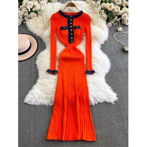 Autumn and Winter New Small Fragrant Style Cowboy Splicing Knitted Dress Korean Edition Medium Long Sleeve Woolen Dress