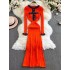 Autumn and Winter New Small Fragrant Style Cowboy Splicing Knitted Dress Korean Edition Medium Long Sleeve Woolen Dress