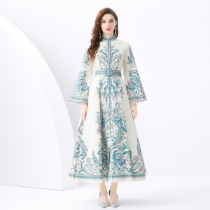 2024 Vacation - Palace style stand up collar flared sleeve single placket printed long lace dress