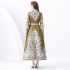 2024 Vacation - Palace style stand up collar lantern sleeve single placket printed long lace dress