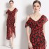 Real time spot 2024 summer new elegant and intellectual temperament ruffled irregular V-neck printed dress