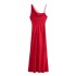 2023 Autumn New European and American Style Sexy Slanted Shoulder Red Silk Texture Strap Dress for Foreign Trade