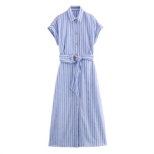 Foreign Trade 2024 Summer New European and American Style Linen Blended Striped Midi Belt Dress 8282821