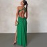 European and American style sloping shoulder dress, solid color pullover, sexy backless evening dress, long style, socialite style slit dress, foreign trade