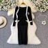 Fashionable V-neck long sleeved knitted top shawl cardigan two-piece set, medium to long, tight fitting elastic hip hugging dress