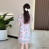 Summer new 2024 heavy industry nail bead short sleeved dress with mesh three-dimensional flower straight tube skirt for children