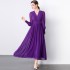 Real time spot purple dress with waist cinched pleated skirt, long sleeved flowing V-neck long skirt