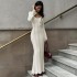 European and American style solid color woolen long skirt 2024 autumn new long sleeved U-neck fashionable temperament slim fit dress wholesale