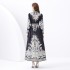 2024 Vacation - Palace style stand up collar lantern sleeve wave side length retro printed dress