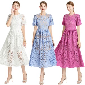 Spot shooting - Hollow out niche design splicing water-soluble lace waist slimming solid color dress