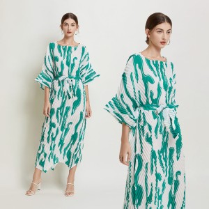 In stock - Miyake Fold Summer New Product Printed Waist Waist Dress Handmade Fold Temperament Skin Covering Long Dress