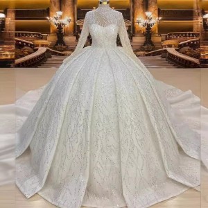 New Wedding Dress Heavy Industry Embroidered Bead Lace Elegant Long Sleeve Pong Princess Skirt Tail Wedding Dress 6200