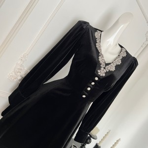 Yang Xiaojuan French V-neck Handmade Sparkling Diamond Velvet Dress for Women, High end Small Black Dress, New Year's Party Gift Dress