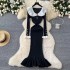 Knitted dress women's autumn and winter new style French retro contrasting color doll collar single breasted waist slimming fish tail long skirt