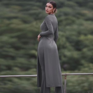 2024 Winter European and American New Women's Long Sleeve Round Neck Split Long Skirt Horn Pants Two Piece Fashion Set for Women