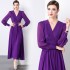 Real time spot purple dress with waist cinched pleated skirt, long sleeved flowing V-neck long skirt