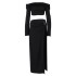 European and American women's clothing 2024 autumn new item one collar long sleeved chest wrapped sexy high slit skirt two-piece set for women