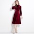 Real shot spot standing collar commuting long sleeved gold velvet dress, slimming mid length dress, dress