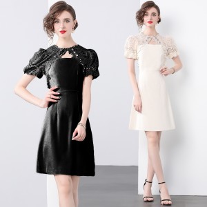 High end exquisite heavy industry summer handmade nail drill splicing lace high waist mid skirt 2024 new dress