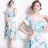 Real time spot 2024 summer new lapel shirt long skirt high-end printed short sleeved dress