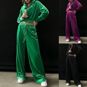 FD1141 in stock 2024 autumn and winter new women's fashionable hooded sweatshirt gold velvet sports casual pants set